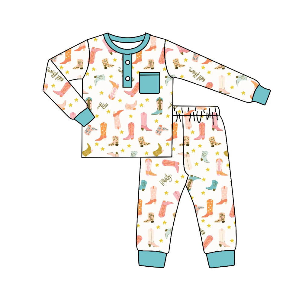 5.21custom each style moq 5eta 4-5week Sibling Sister Western boots printed with white and pink lace blue girls and boys outfits and baby romper match family design