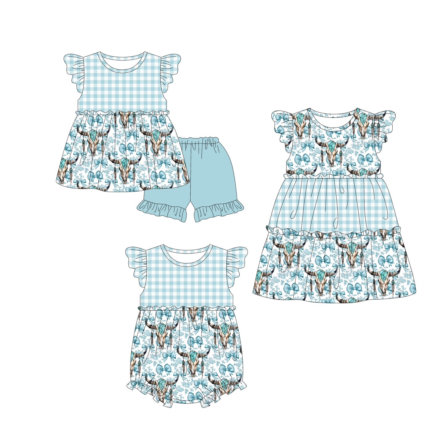 4.9 custom each style moq 5eta 4-6week Sibling Sisters cow head baby girl short sleeve shorts sets and dress and rompers match family design