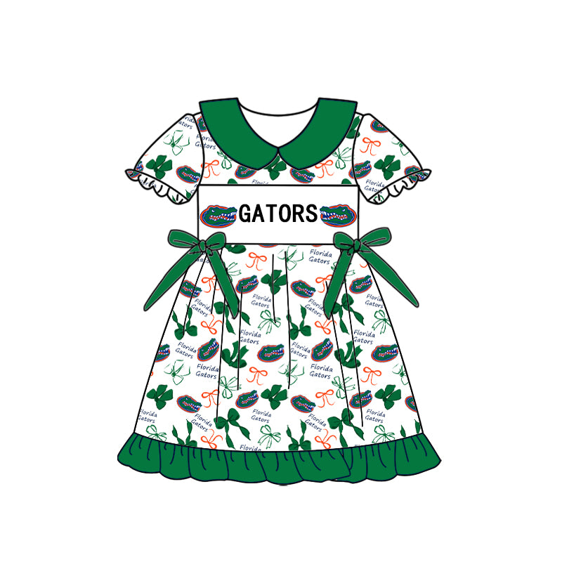 Custom moq 5 mix size milk silk summer teams Baby Girls Green Peter Pan Collar Knee Length Casual Dress