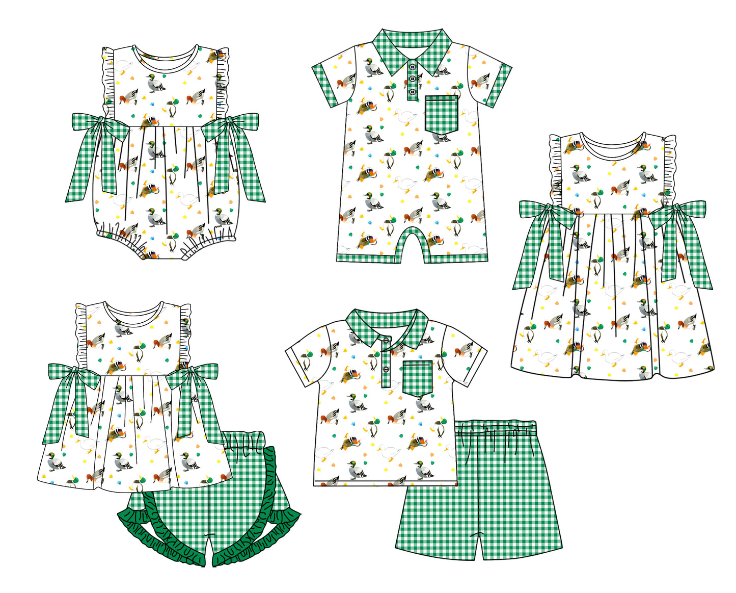 11.21 custom each style moq 5eta 4-6week Sibling Sister duck baby girl short sleeve shorts sets and sets 2 and girls romper and boy romper and dress match design