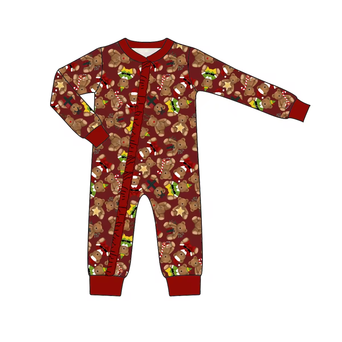 Custom moq 3 eta 6-8 weeks Long-sleeved brown Christmas bear dark red lace zip-up romper