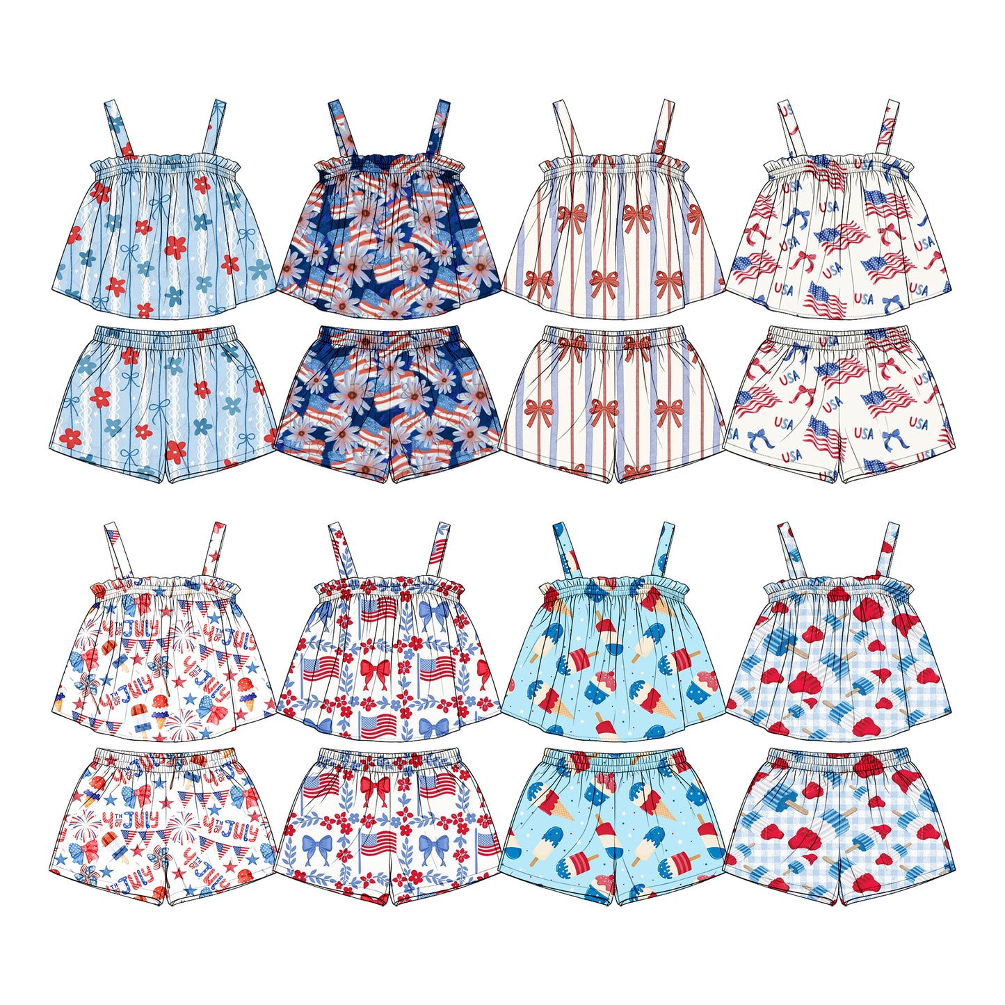 4.1 Custom moq 5 mix size Sibling Baby Girl's 4th of July Strap Top Shorts Set Cute Summer Outfit