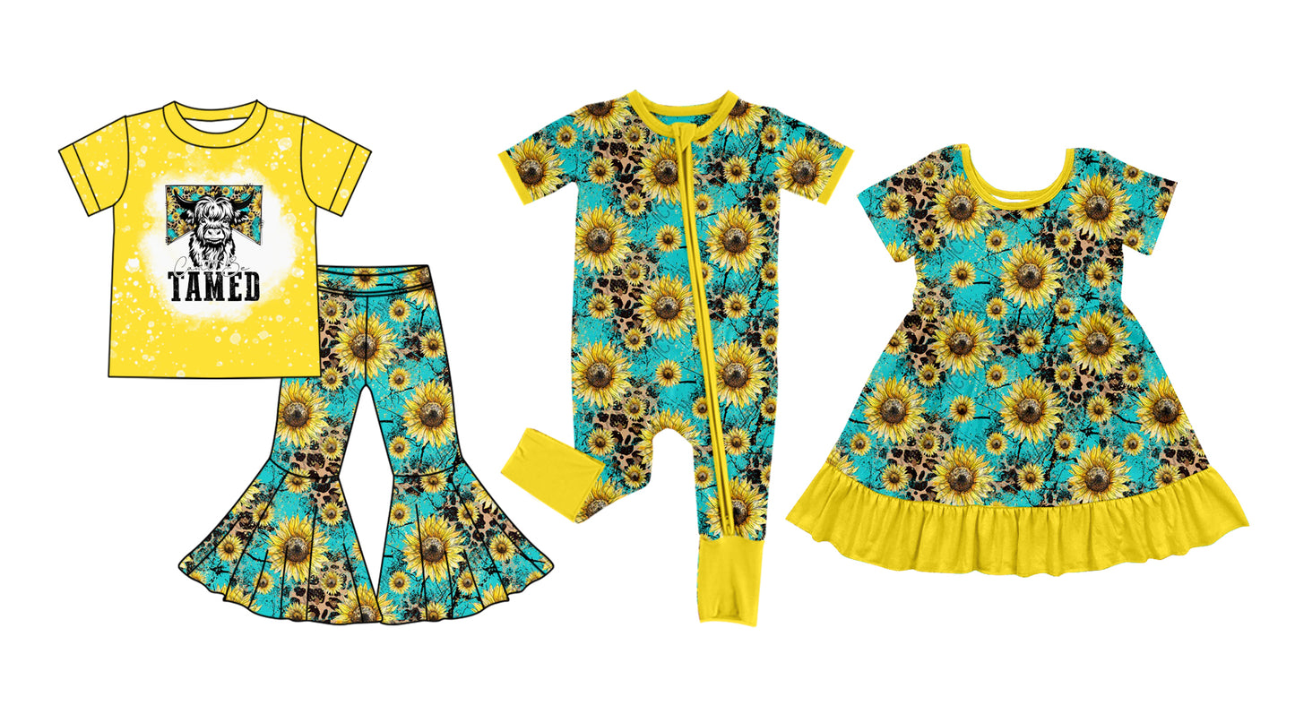 11.11 custom each style moq 5eta 4-6week Sibling Sister sunflower baby girl sets and dress and rompers match family design