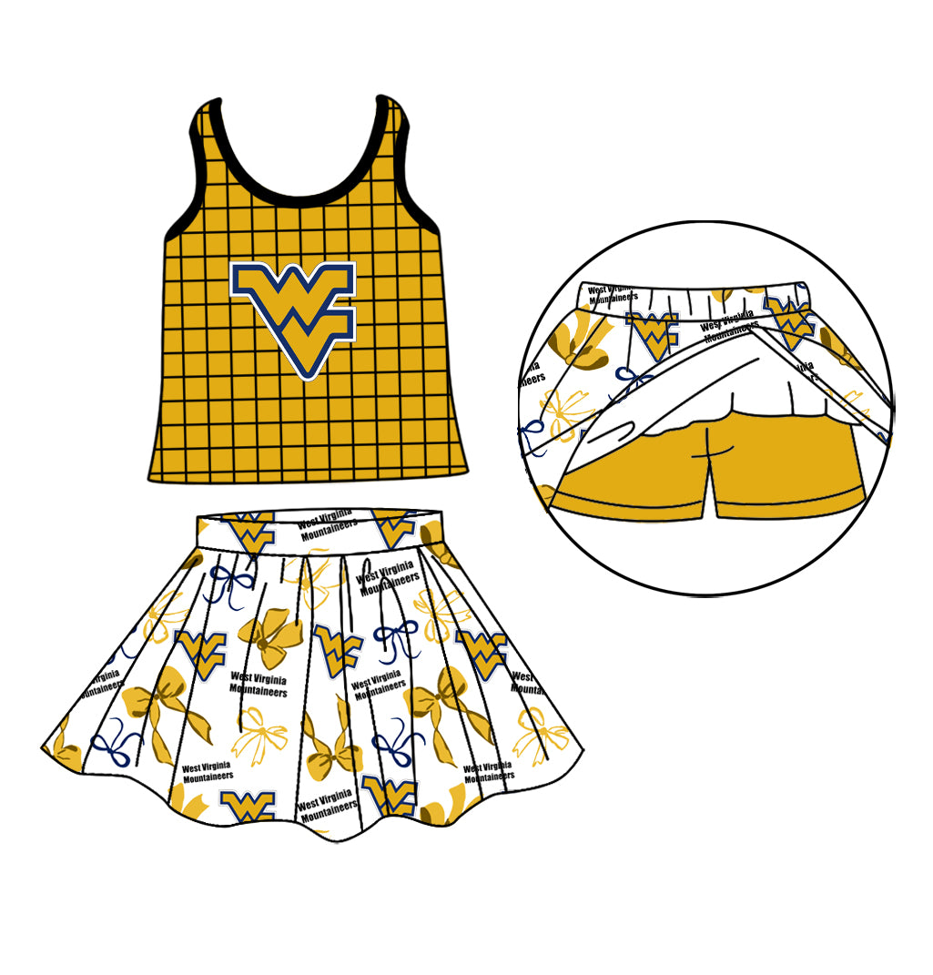 Custom moq 5 mix size milk silk summer teams Baby Girls Summer Sleeveless Yellow Plaid Top Letter Bow Skort Sets