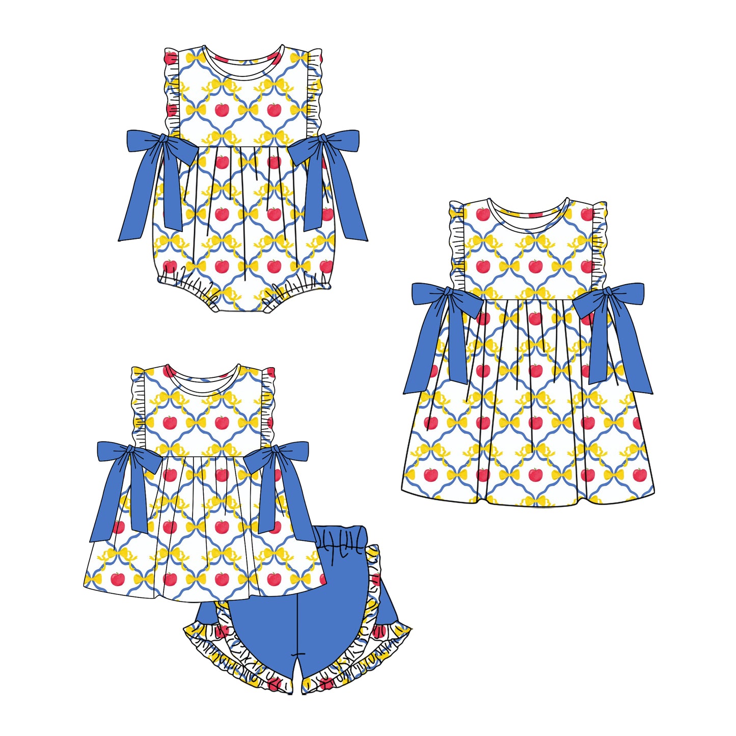12.24 custom each style moq 5eta 4-6week Sibling Sister apple bow baby girl short sleeve shorts sets and dress and rompers match family design