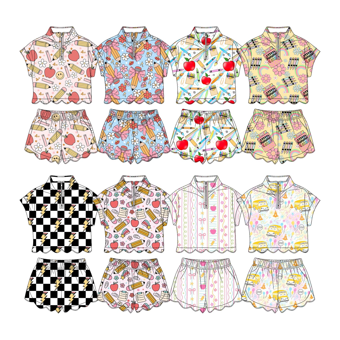 3.11 Custom moq 5 mix size Sibling Kids' Back To School Scallop Short-Sleeved Zipper Top And Shorts Set Summer Outfits