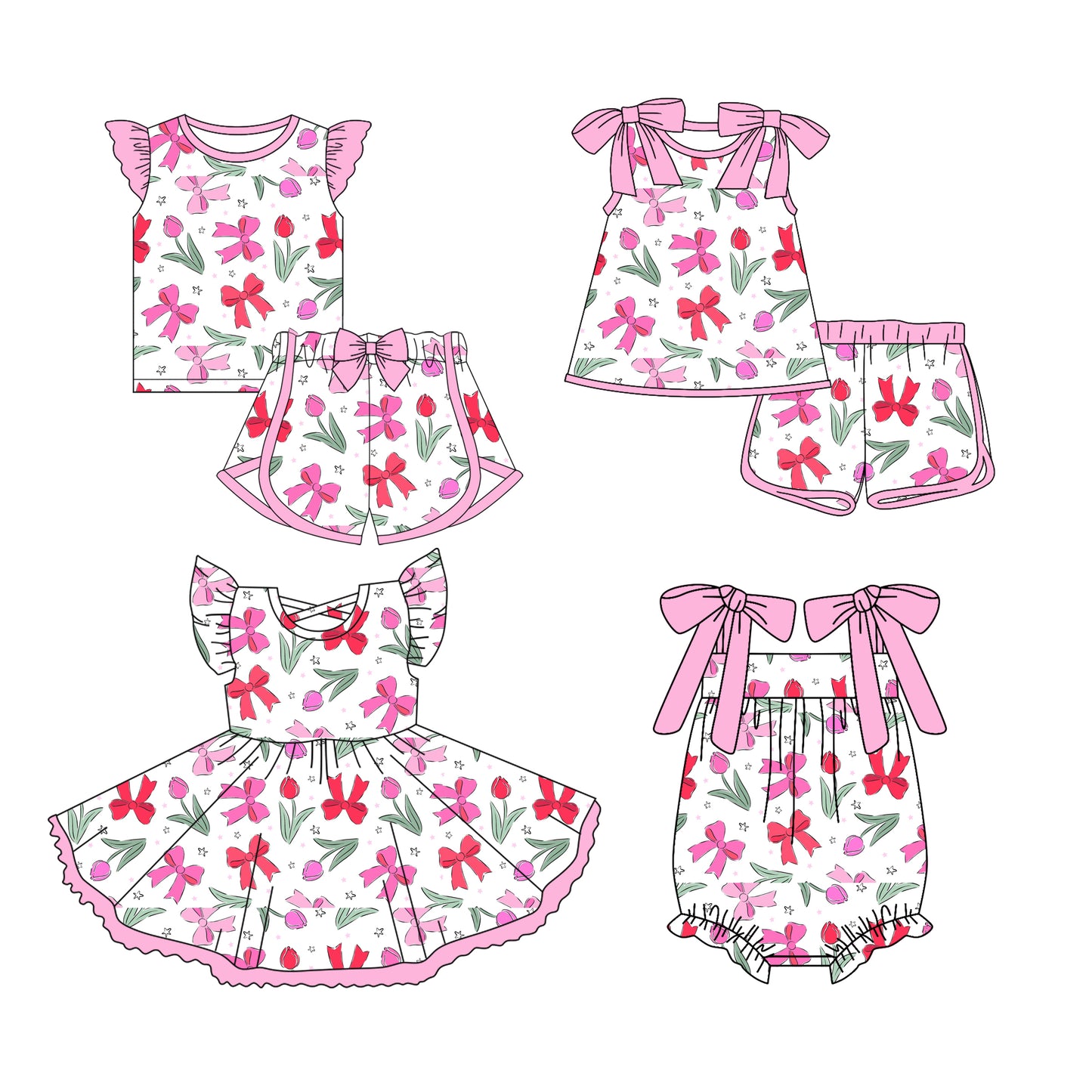 3.13 custom each style moq 5eta 4-6week Sibling Sister bow floral baby girls short sleeve set and set 2 and dress and romper match design