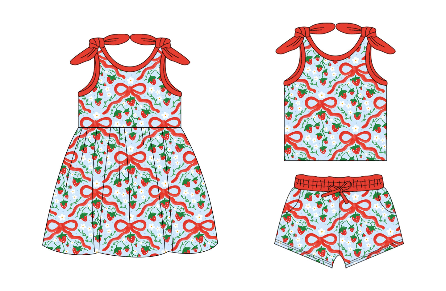 26.1.14 custom each style moq 5 eta 6-8week Sibling Sister strawberry bow baby short sleeve shorts sets and dress match design