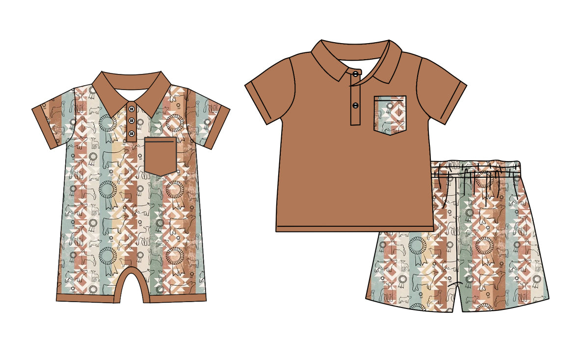 3.21 Custom moq 5 mix size Sibling Cute Clothes Baby Boys Brown Romper Short-Sleeved Top And Shorts Set Summer Outfit