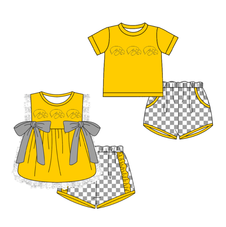 Custom moq 5 mix size milk silk summer teams Yellow Girl Sleeveless Top And Plaid Shorts Set with Bow Boy Short Sleeved Top And Plaid Shorts Set