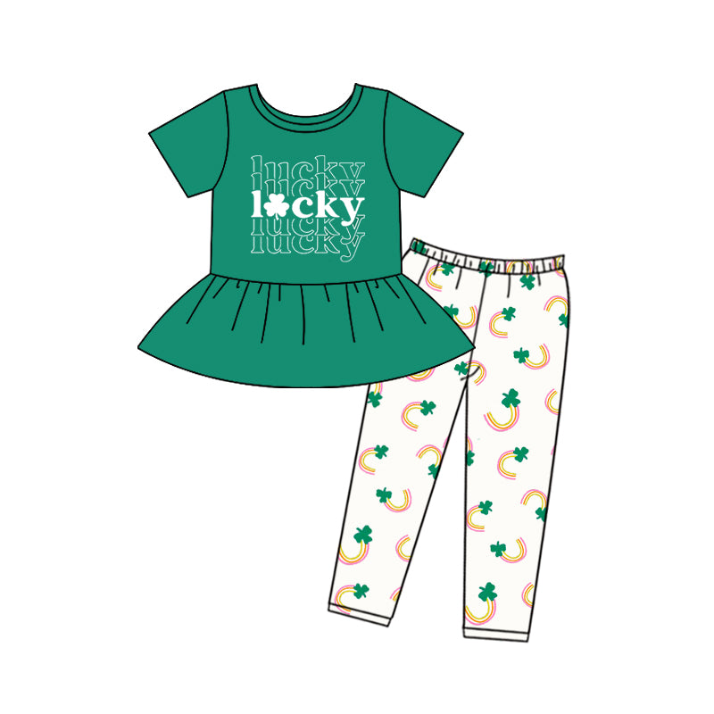 10.30 custom each style moq 5eta 4-6week baby girls clothes lucky green short sleeve pants sets