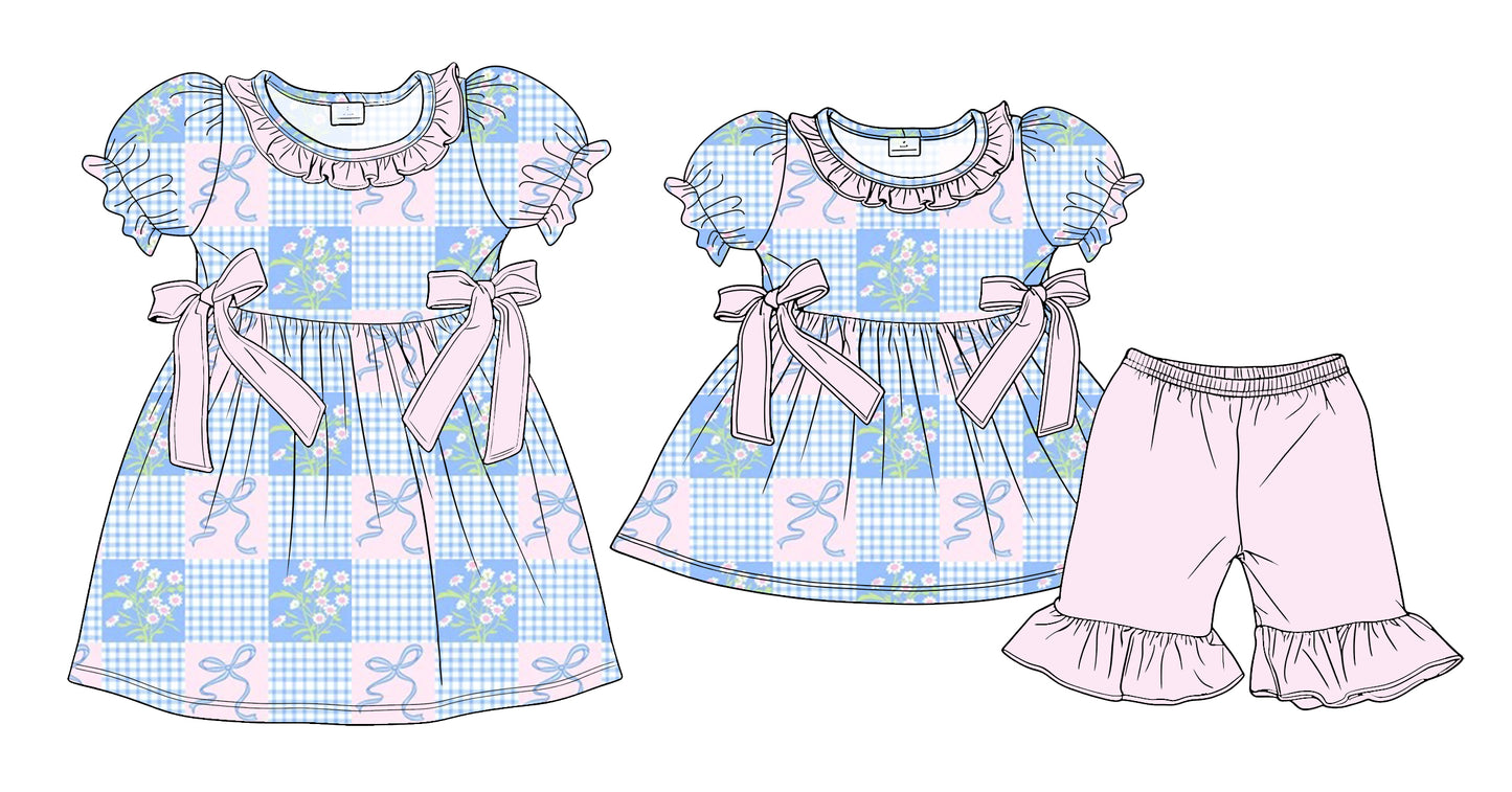 3.24 Custom moq 5 mix size Sibling Baby Girl's Checked Short-Sleeved Top with Bow And Short Set Cute Short-Sleeved Dress for Summer