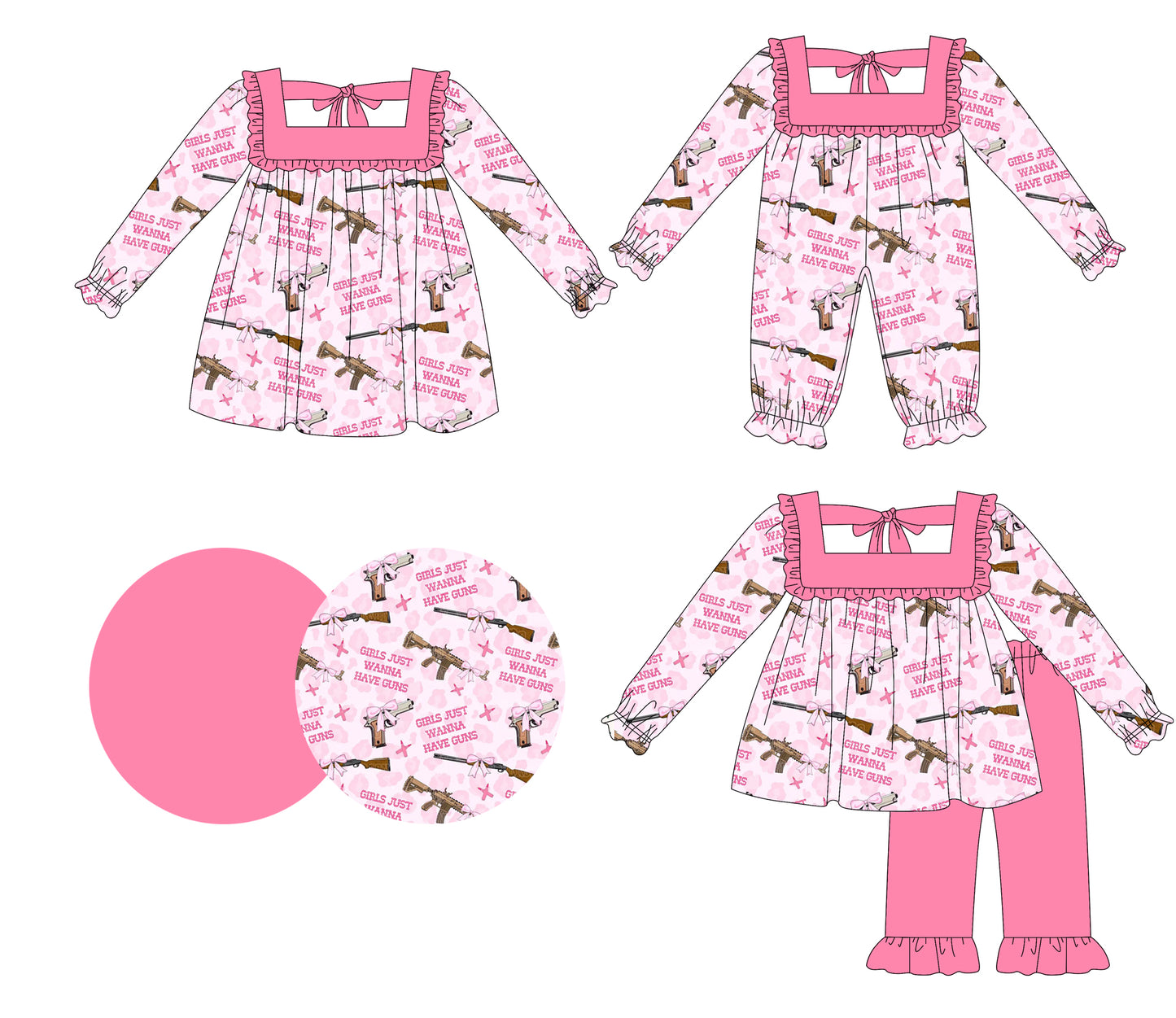 25.5.17 custom each style moq 5eta 4-6week Sibling Sisters gun baby girl long sleeve pants sets and dress and rompers match family design