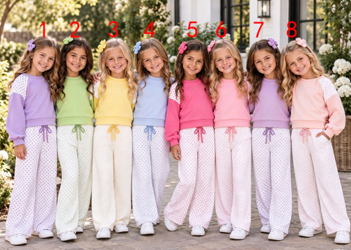 custom moq 5 mix size SETR0102 Baby Girls Color Block Eyelet Raglan Top and Wide Leg Pants Set