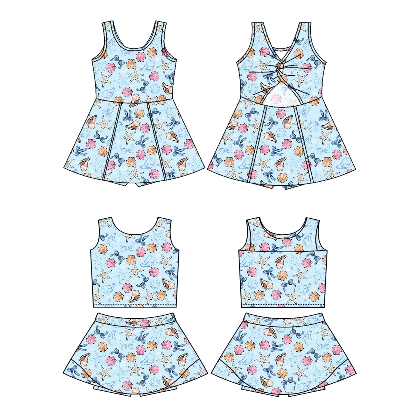 2.28 Custom moq 5 mix size Sibling Baby Girls Blue Sleeveless Top And Skirt Sets Dress Yoga Outfit