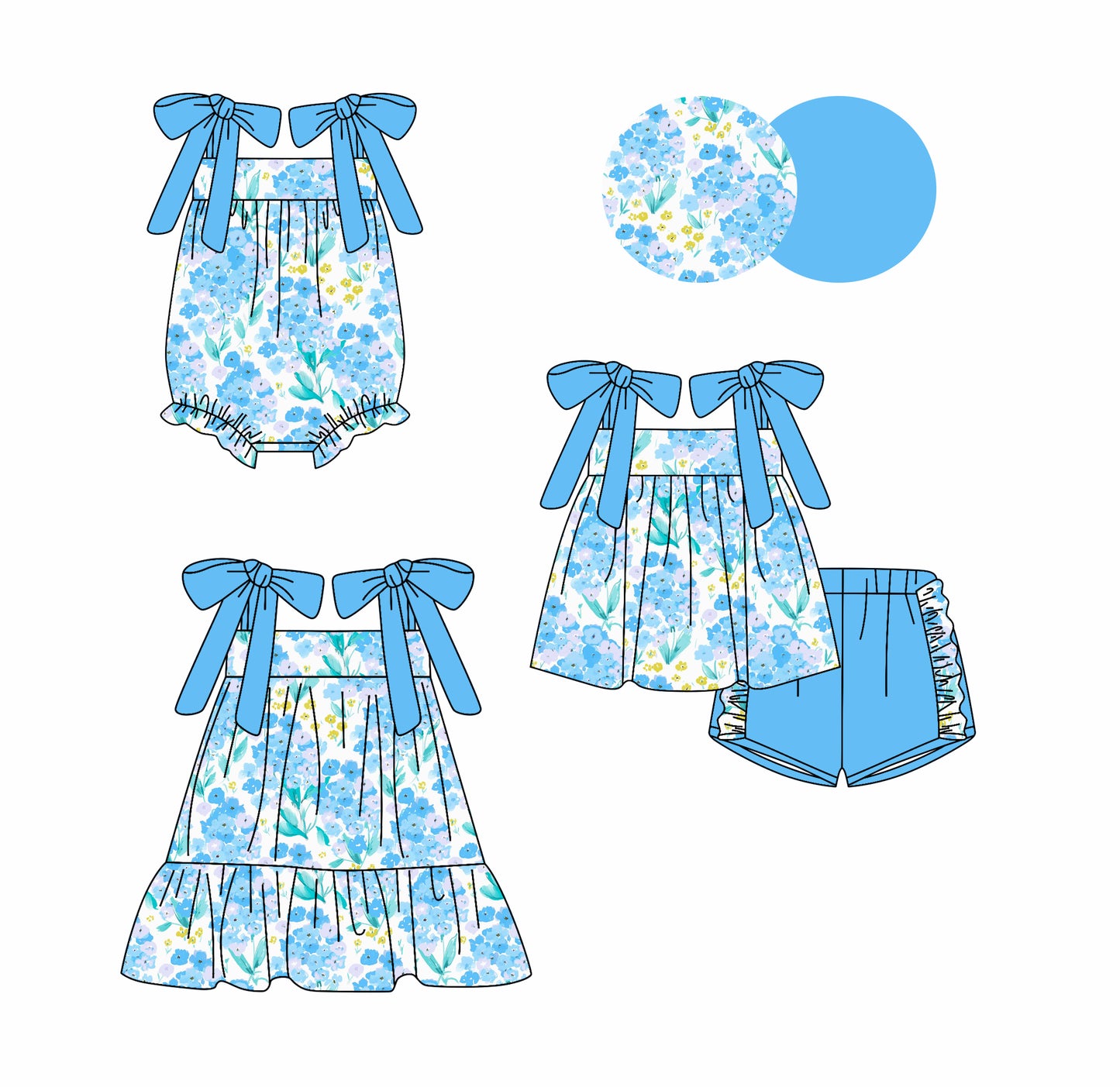 3.9 Custom moq 5 mix size Sibling Baby Girl's Blue Sleeveless Top And Short Set Matching Romper Dress for Summer