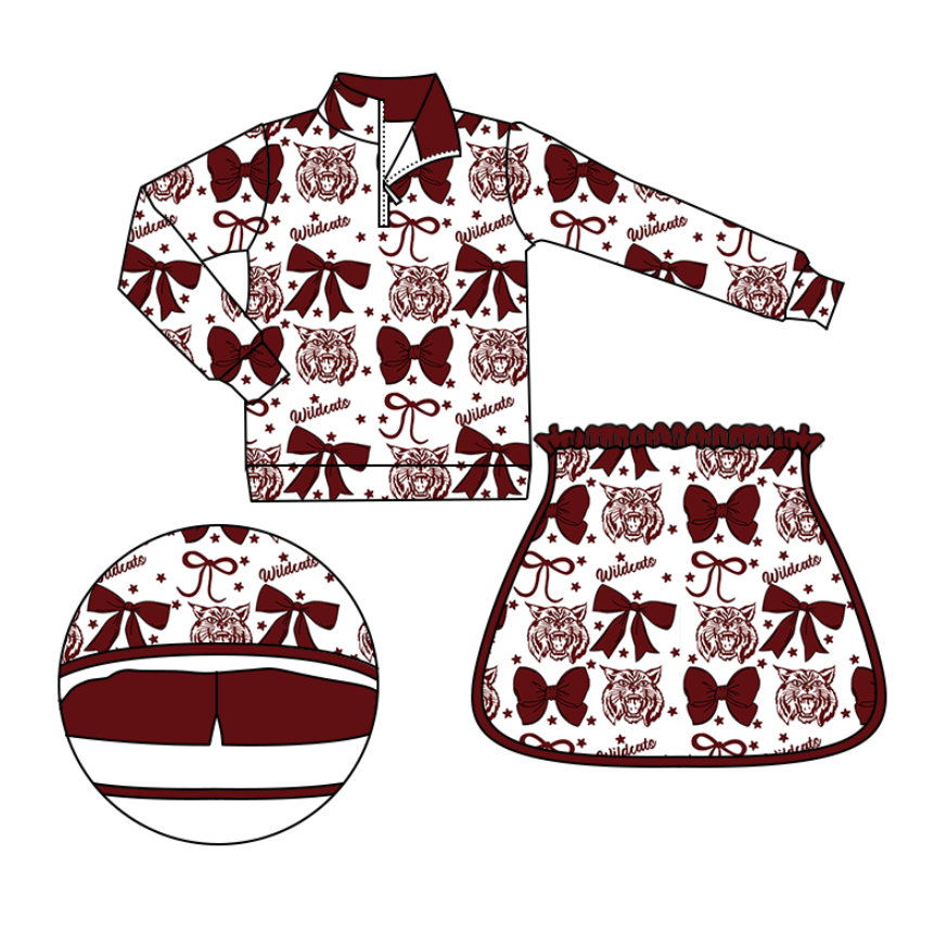 Custom moq 5 mix size milk silk summer teams Red Adult Women Bow Print Long-Sleeved Zipper Top And Skirt Set Cute And Fashionable Outfit