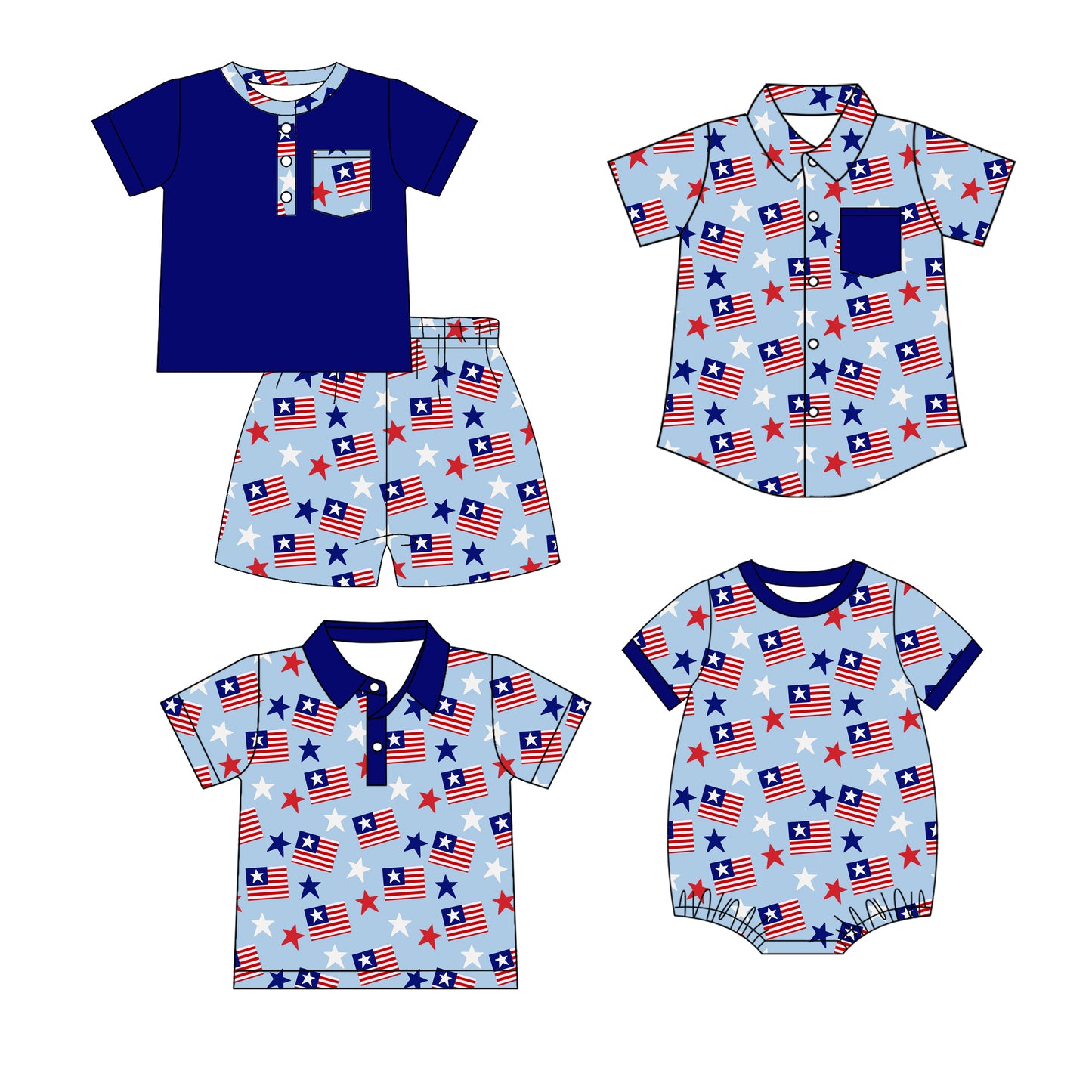 2.27 Custom moq 5 mix size Sibling Baby Boy 4th of July Blue Short-Sleeved Top And Shorts Set Romper Polo Shirt Outfit for Toddlers Boys