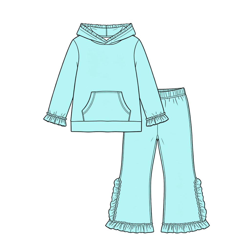 Custom moq 5 girls Blank Cotton Fabric hooded long-sleeve top and pants set Light mint blue hooded lace long-sleeve top and pants set