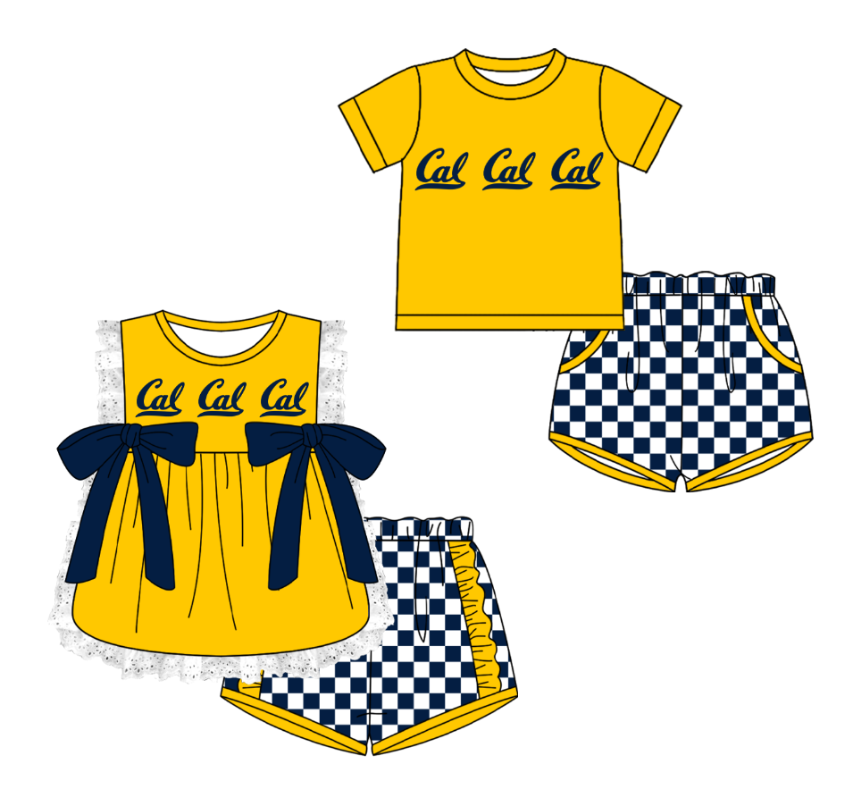 Custom moq 5 mix size milk silk summer teams Yellow Girl Sleeveless Top And Plaid Shorts Set with Bow Boy Short Sleeved Top And Plaid Shorts Set