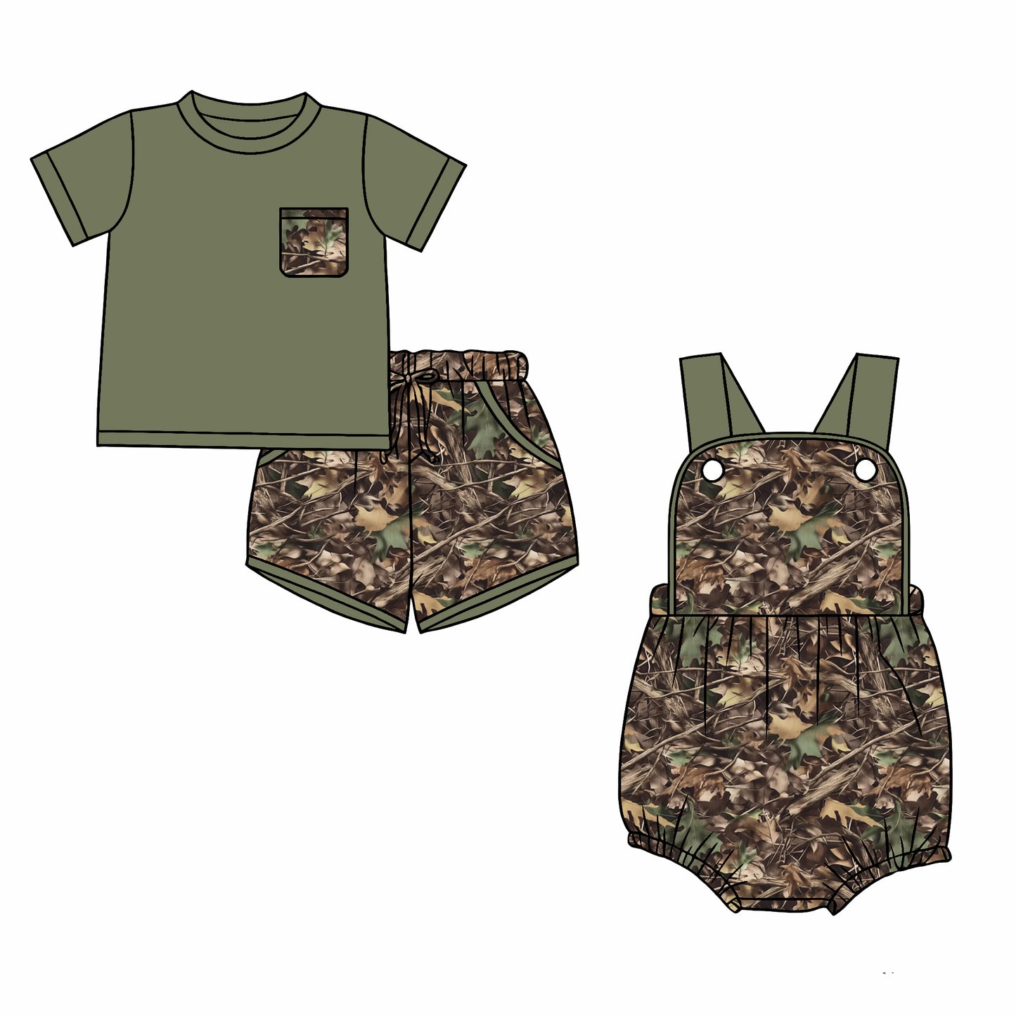 Custom moq 5 mix size Sibling Green Branch-Patterned Baby Boys Romper Short-Sleeved Top And Shorts Set for Infants