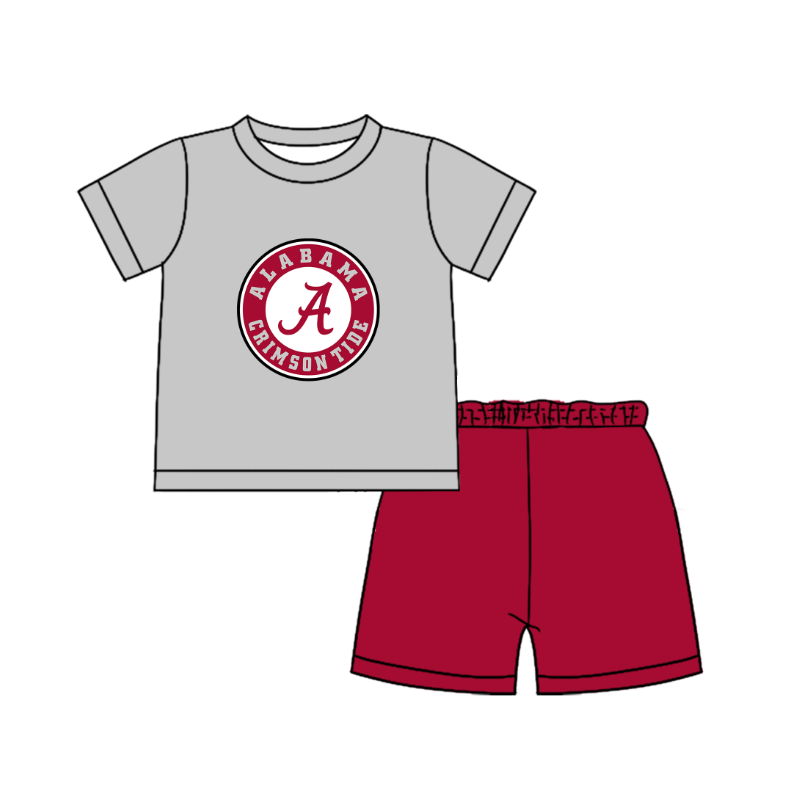 Custom moq 5 mix size milk silk summer teams Baby Boy's grey Short-Sleeved O-Neck Top And solid color Shorts Set