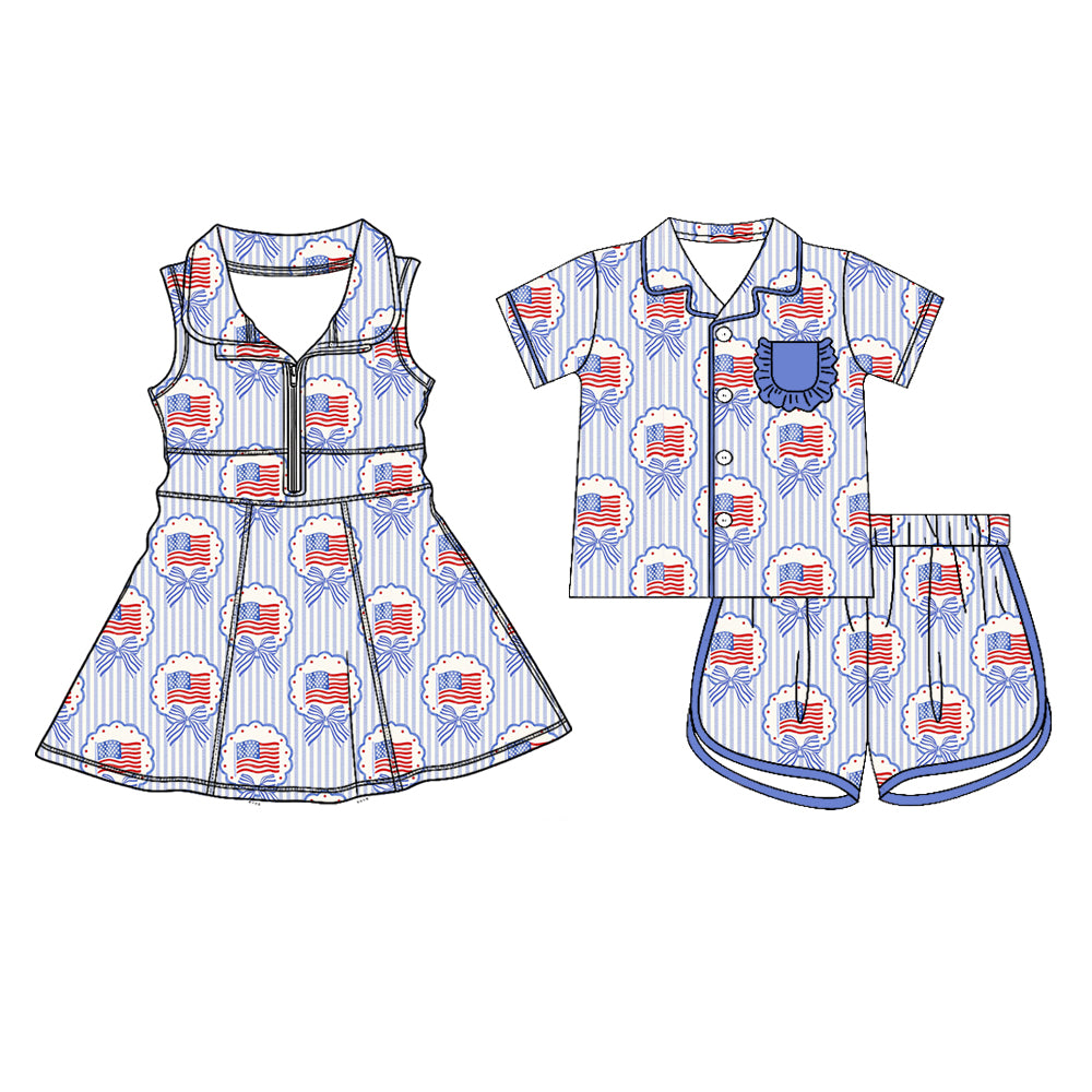 26.1.22 custom each style moq 5 eta 6-8week Sibling Sister flag bow baby short sleeve shorts sets and dress match design