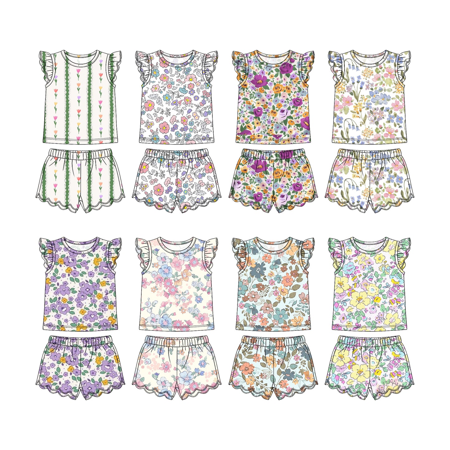 3.31 Custom moq 5 mix size Sibling Baby Girl Colorful Flowers Flutter Sleeves Top And Scallop Shorts Set Cute Casual Outfit