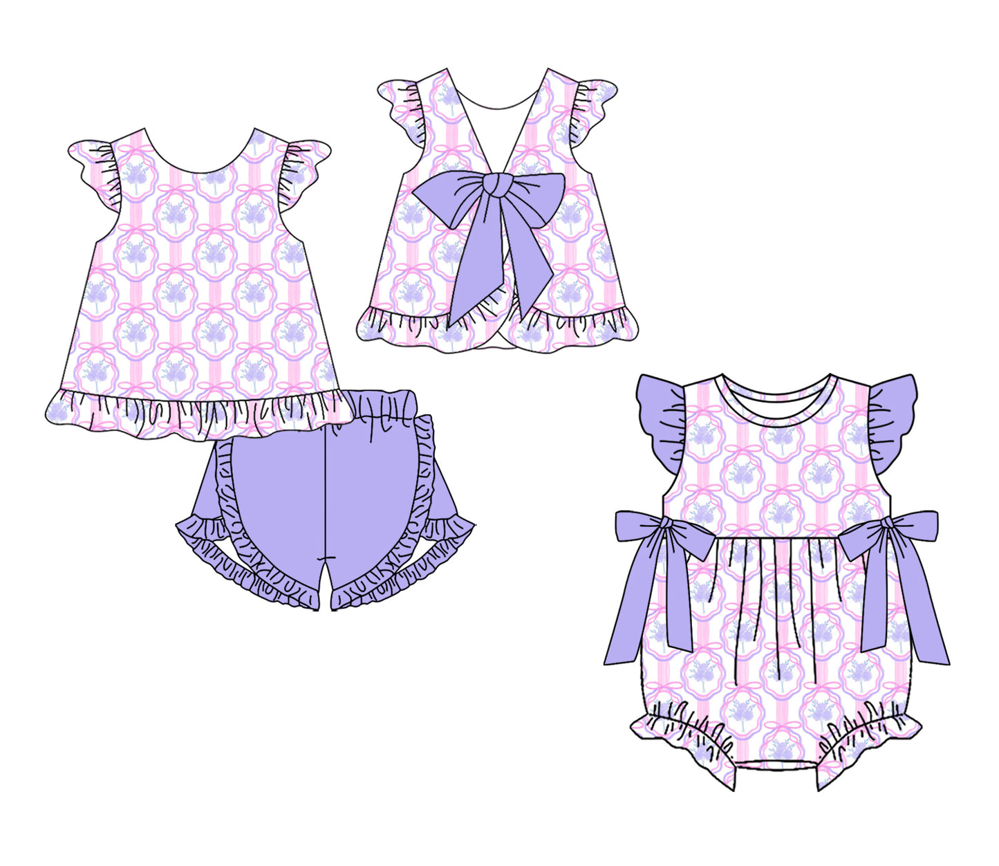 3.13 Custom moq 5 mix size Sibling Baby Girl's Flowers Flutter-Sleeved Top And Shorts Set with Matching Flutter-Sleeved Romper Outfit Set