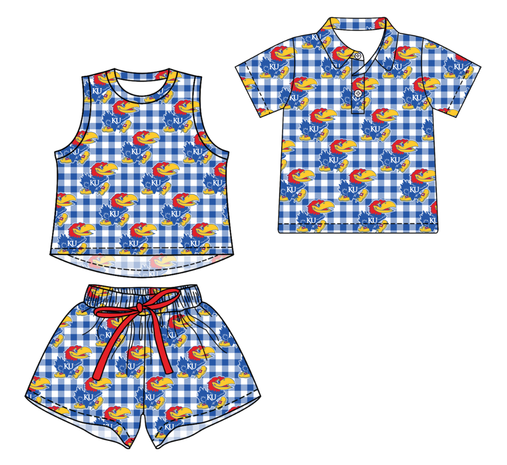 Custom moq 5 mix size milk silk summer teams Checked Girls Sleeveless Blue Top And Short Sets Boys Short Sleeve Button Polo Shirt Top