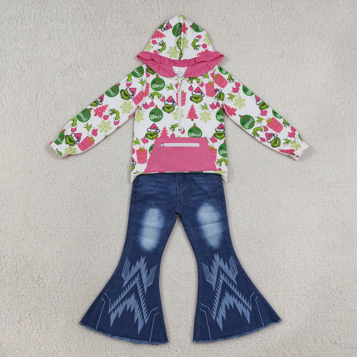 NEW RTS NO MOQ Denim GT1164+ P0126 Cute Clothes Baby Girls Christmas Print Ruffle Hoodie Zip Top Aztec Print Flare Bell Bottom Denim Jeans Set