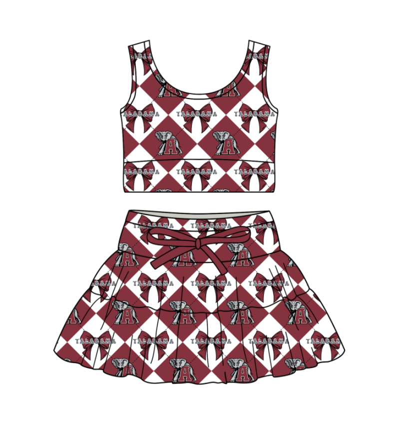 Custom moq 5 mix size Dark Red Plaid Baby Girl Sleeveless Top And Skirt Team Outfit Children's Clothing