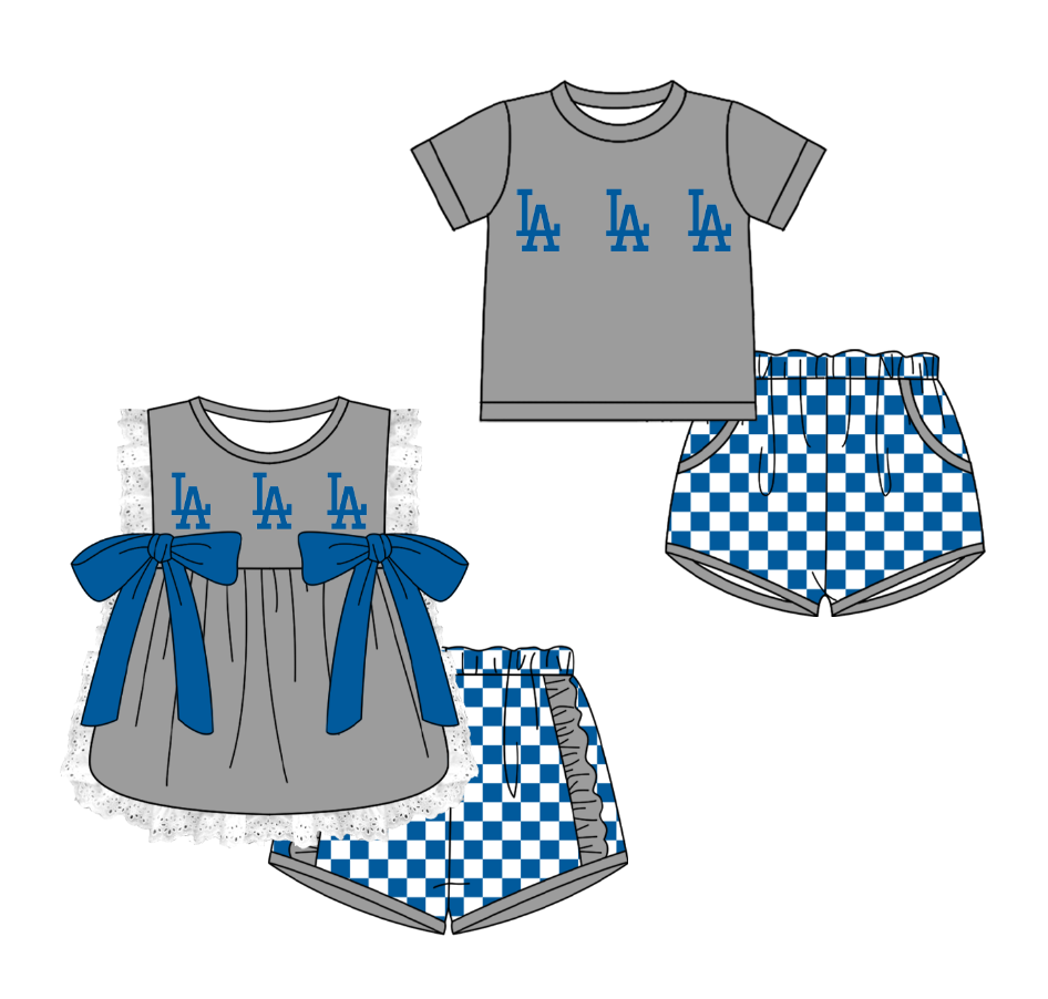 Custom moq 5 mix size milk silk summer teams Grey Girl Sleeveless Top And Plaid Shorts Set with Bow Boy Short Sleeved Top And Plaid Shorts Set