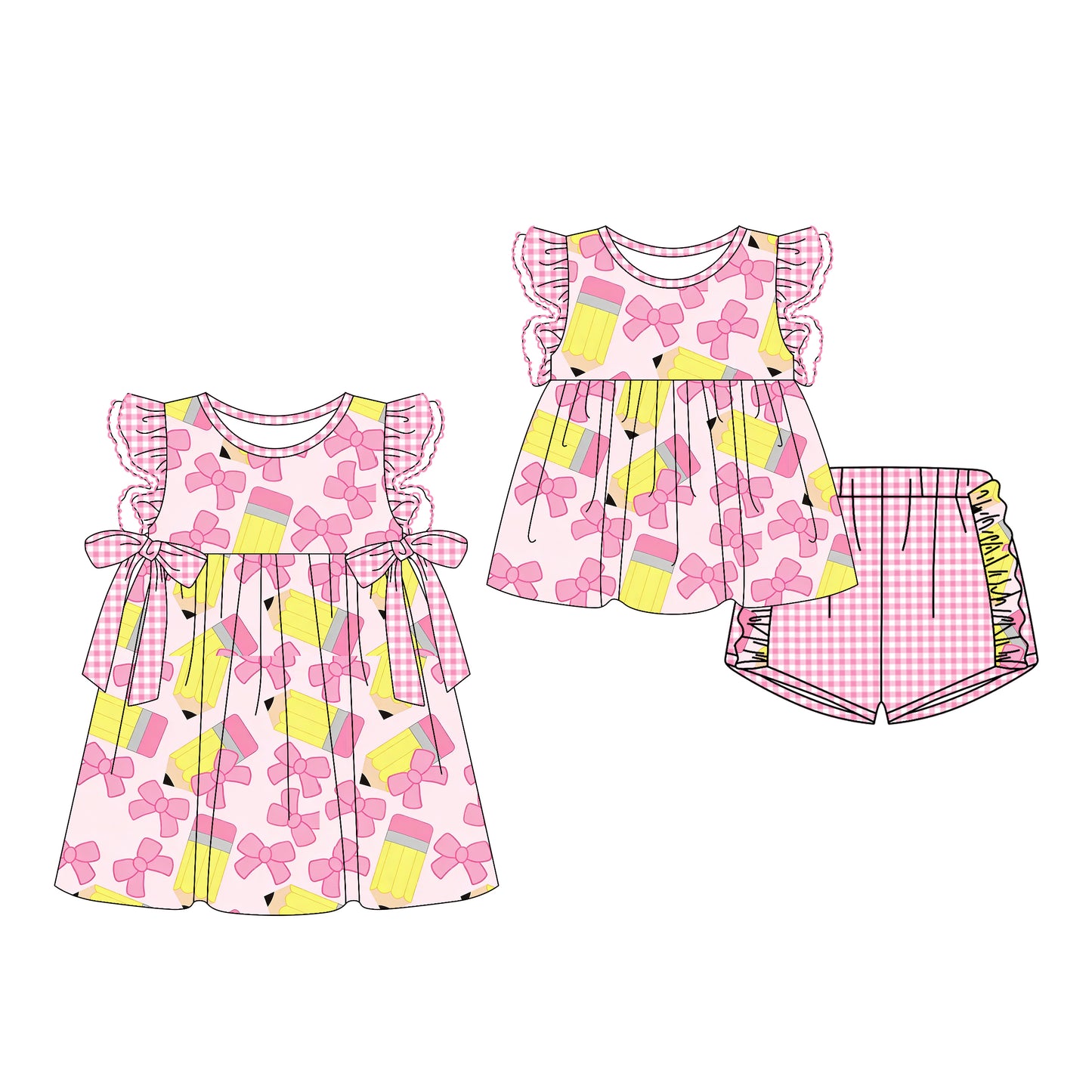 Custom moq 5 mix size Baby Girl Pink Bow Pencil Print Short-Sleeved Dress Set with Shorts for Back to School