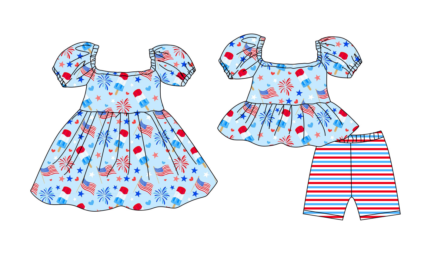 Custom moq 5 mix size Sibling Baby Girl's Blue 4th of July Short-Sleeved Top And Shorts Set Cute Dress Combination for Little Ones