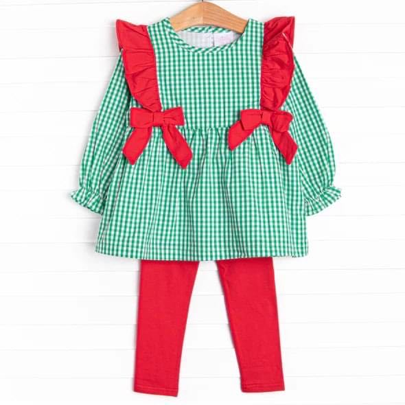 Deadline October 2 custom no moq eta 6-8weeks Red Bow Decoration-Green Small Plaid Bubble Long Sleeve Top-Red Trousers Set