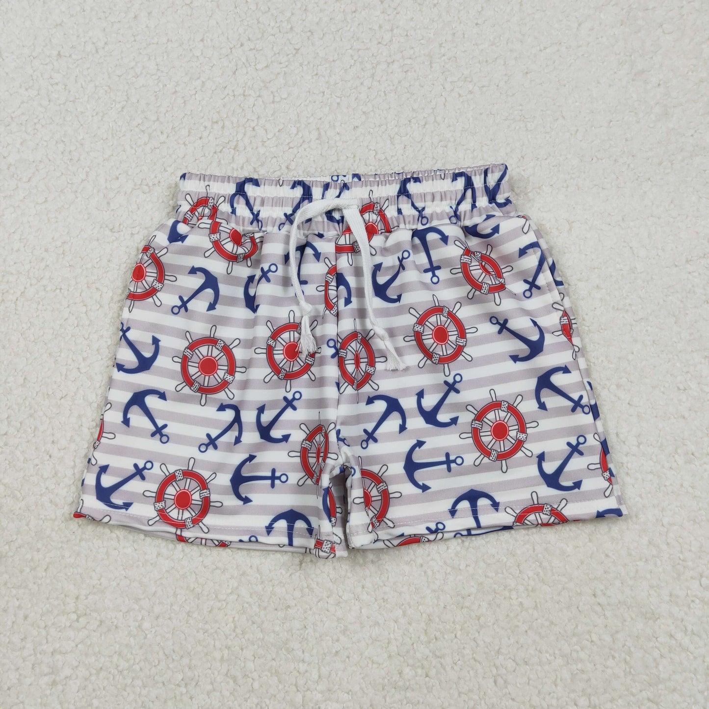 RTS NO MOQ(In Stock) Anchor and Ship's Wheel Gray Striped Swim Trunks
