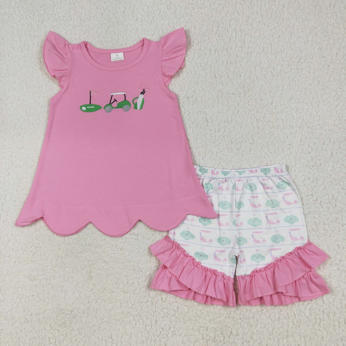 RTS NO MOQ(In Stock) GSSO2660 Embroidered golf cart pink flying sleeve striped shorts set