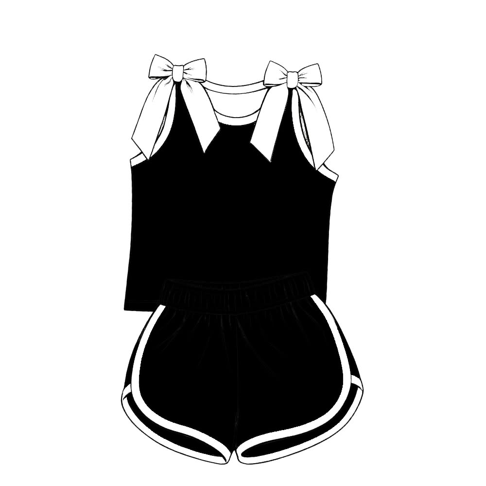 custom moq 5 mix size Baby Girls White Bow Black Sleeveless Top Shorts Outfit Set