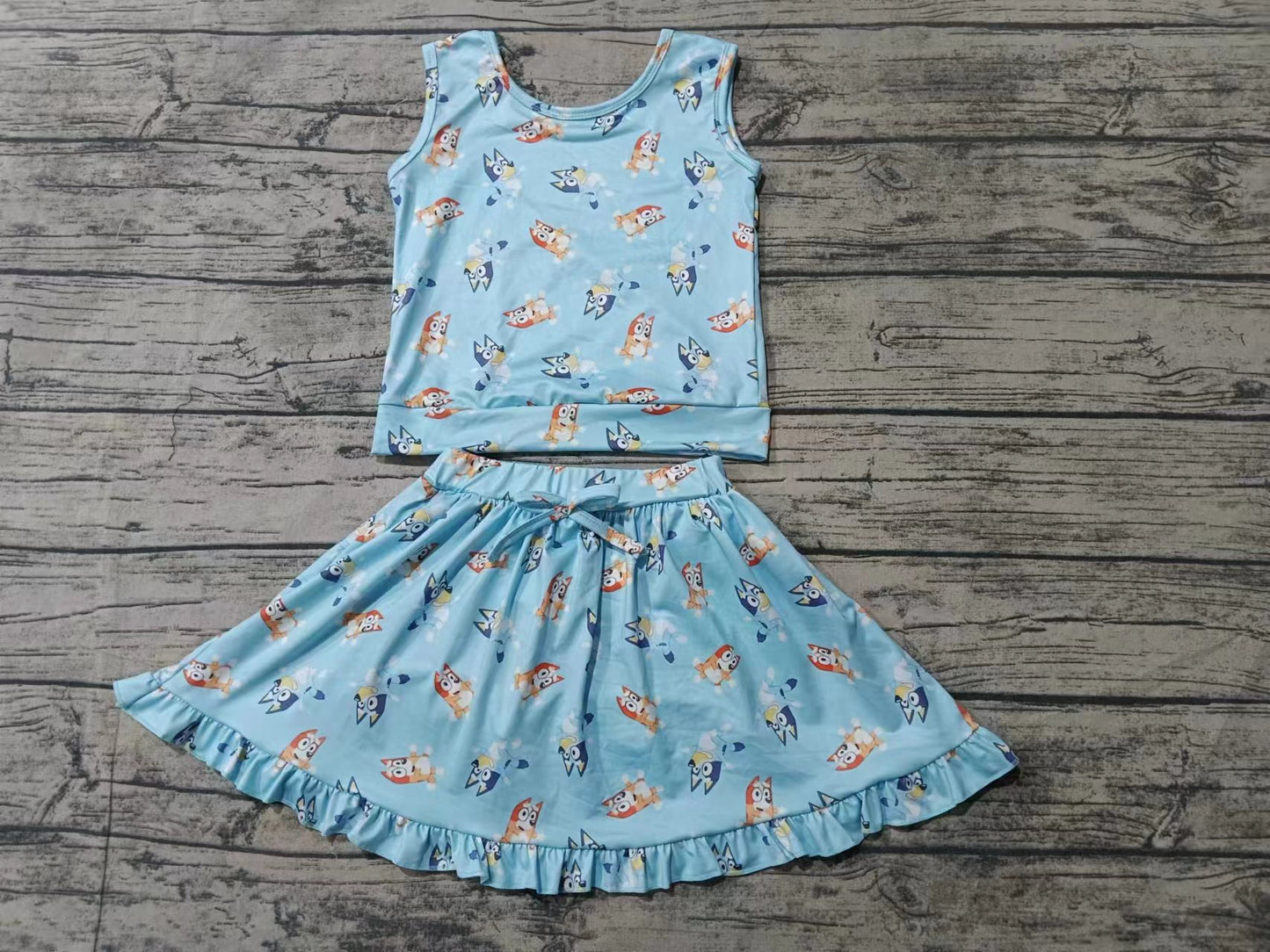 Custom moq 3 eta 6-7weeks Sky blue pointed ear puppy sleeveless top-pleated skirt pants suit