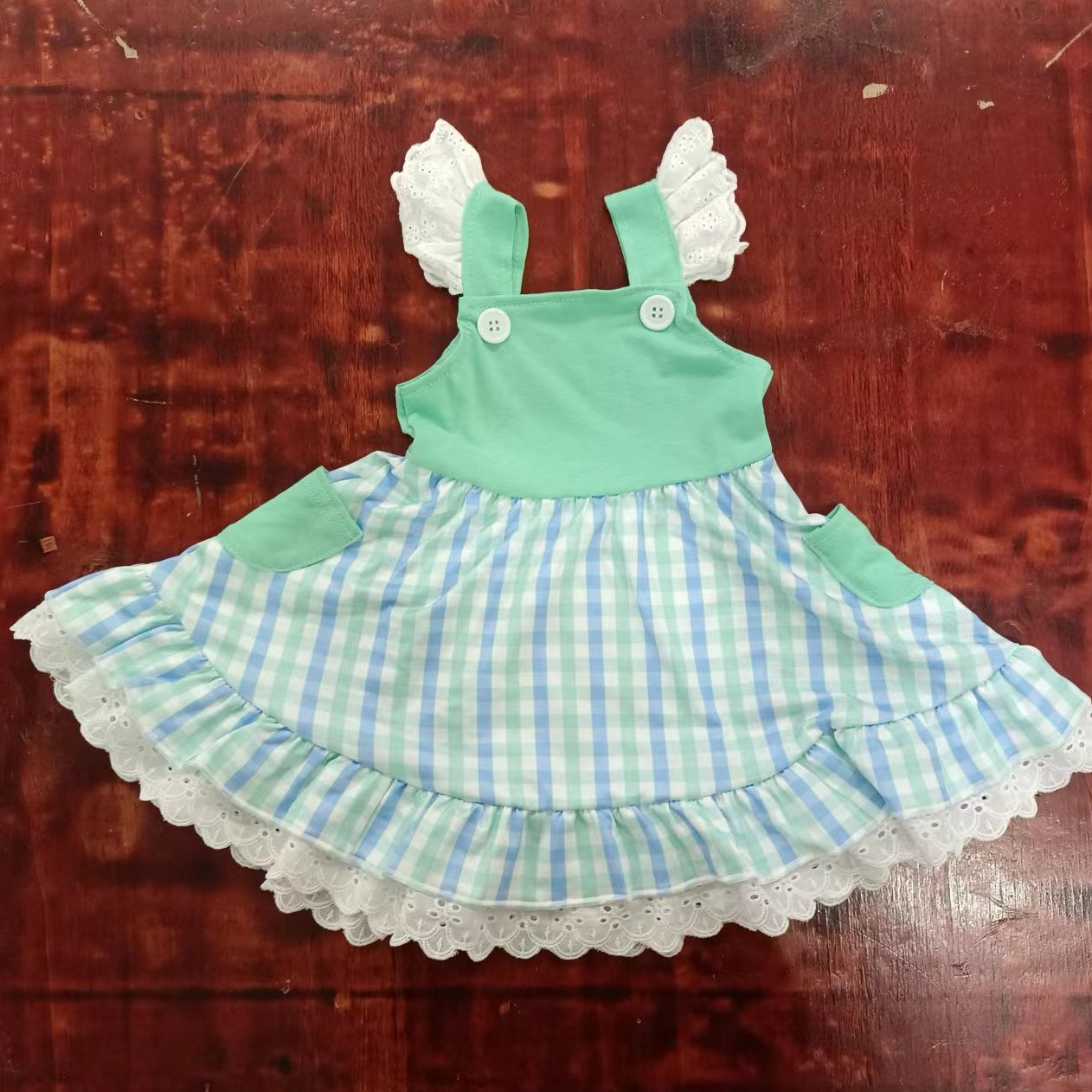 custom moq 5 eta 4-6weeks summer girls teal grid flying sleeve skirt dress