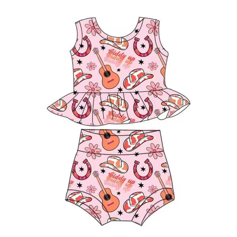 custom moq 3 eta 4-5weeks baby girls clothes guitar hats pink sleeveless briefs summer sets