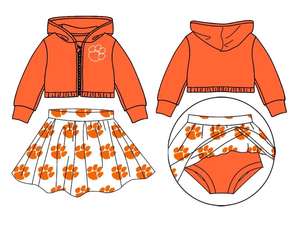 custom moq 3 eta 6-7weeks team summer baby girls clothes orange hooded with skirts sets