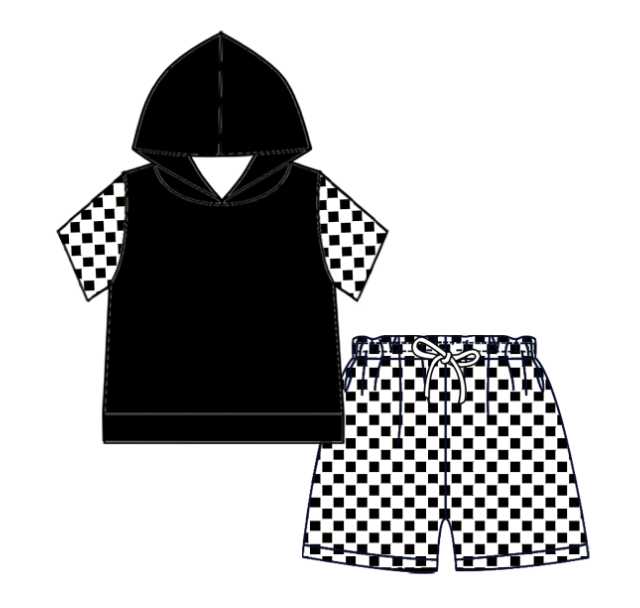 custom moq 5 mix size Baby Boys Black Plaid Short Sleeve Hoodie Top Plaid Shorts Casual Clothes Set