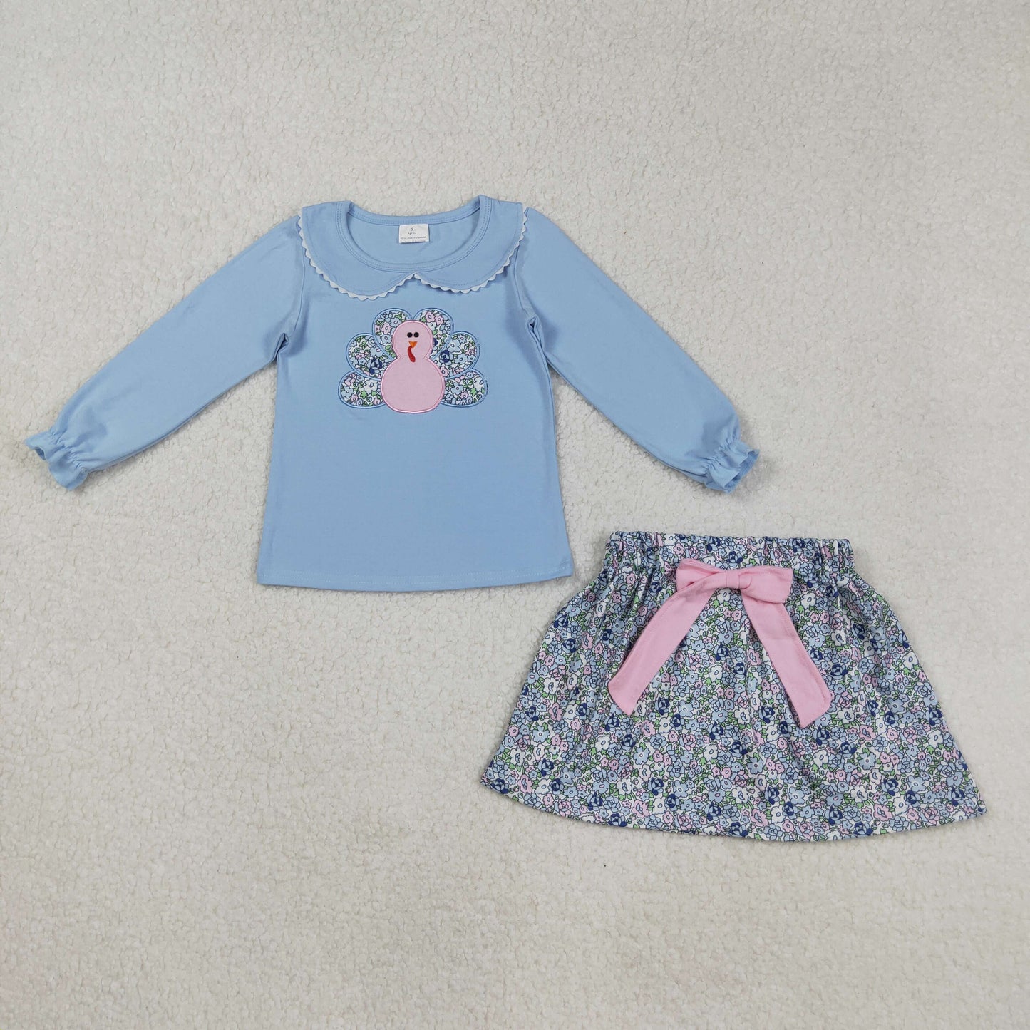 RTS NO MOQ(In Stock) GLD0849 Embroidered floral turkey blue long-sleeved skirt set with a doll collar