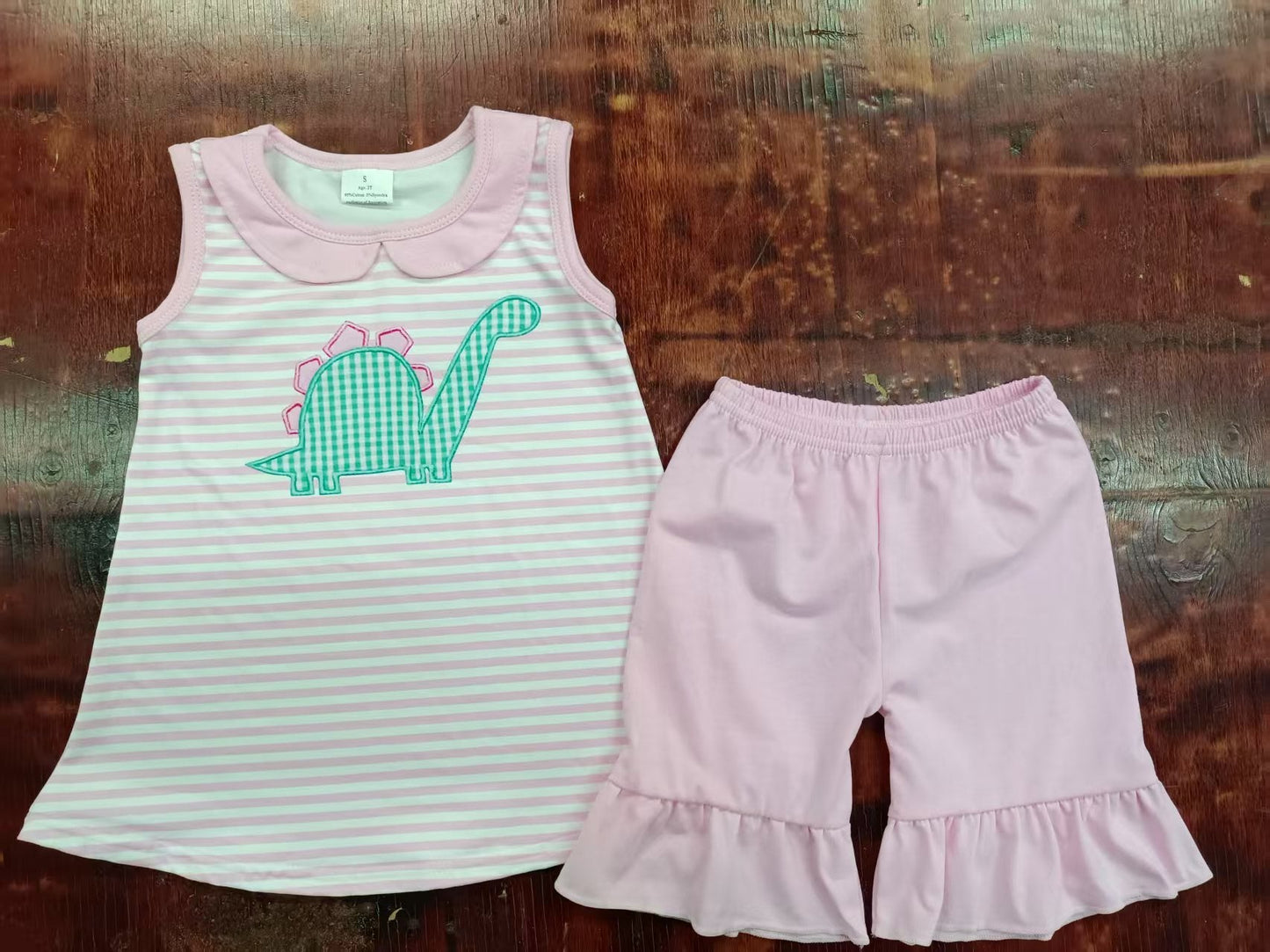 Custom moq 3 eta 6-7weeks baby girls clothes dinosaur pink sleeveless shorts sets-25.4.30