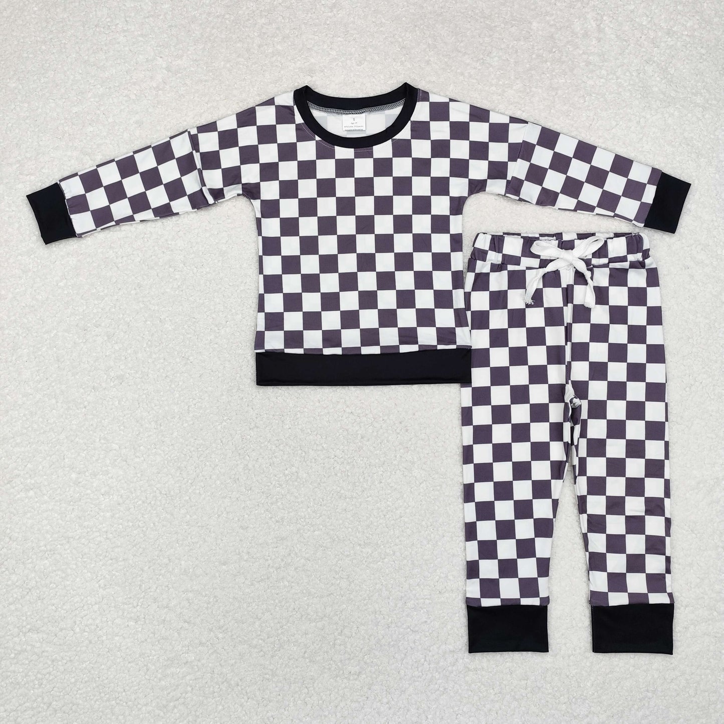 RTS NO MOQ(In Stock) Black and white plaid long-sleeved trousers pajama suit