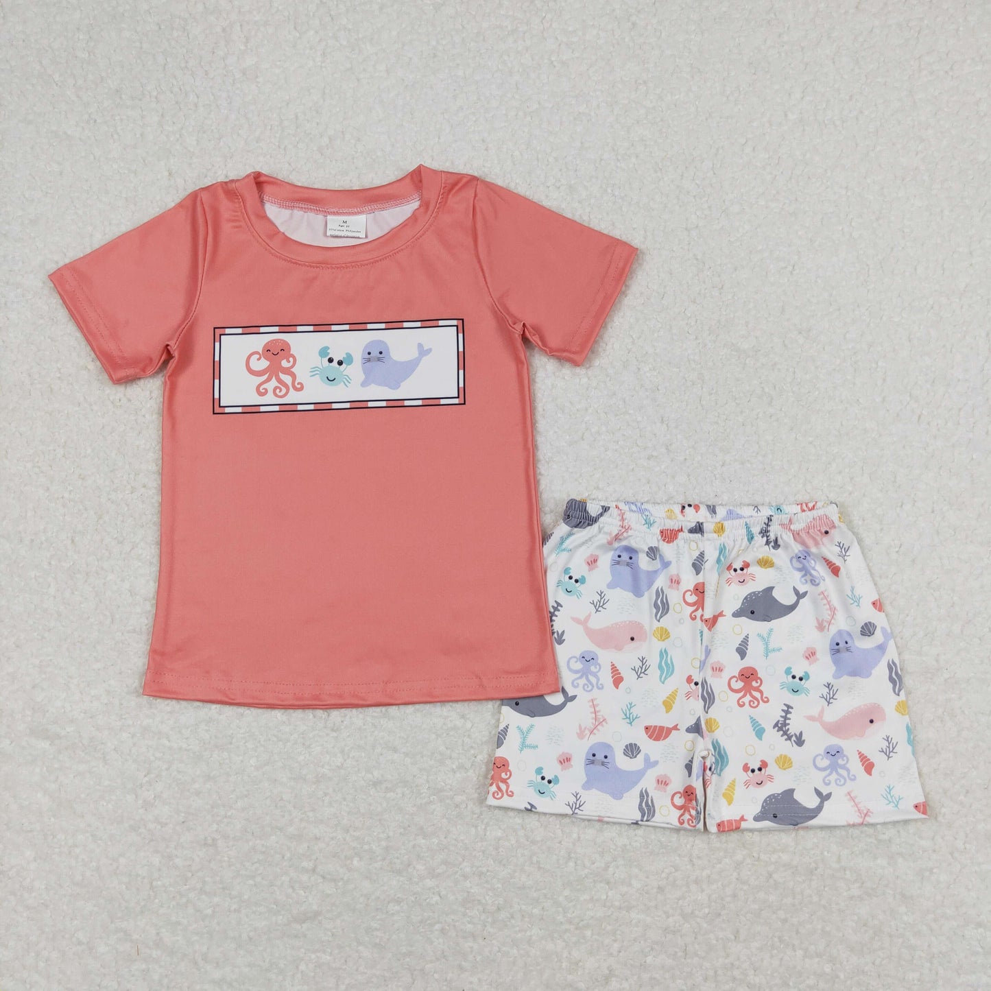 RTS NO MOQ(In Stock) Octopus Crab Seal Brick Red Short Sleeve White Shorts Suit