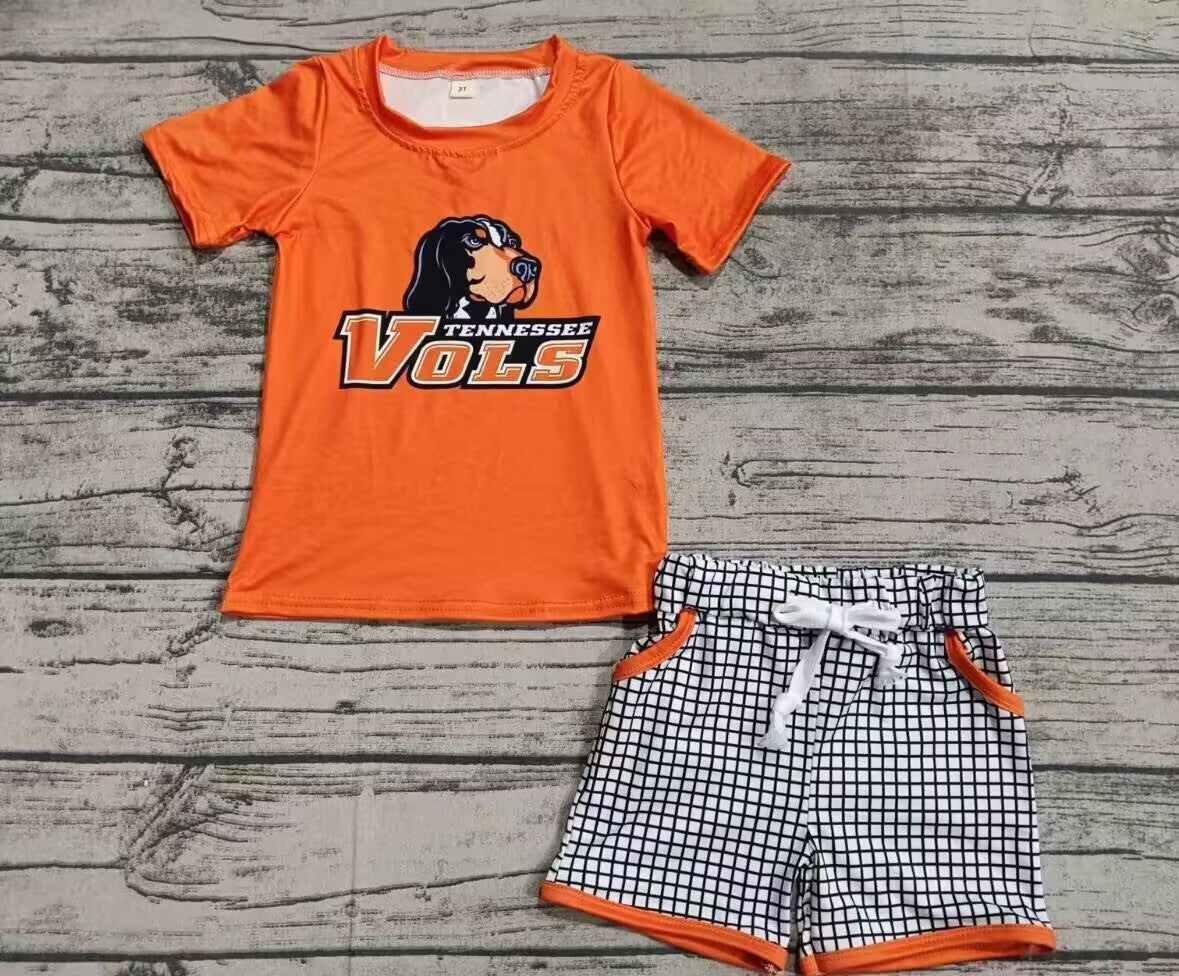 custom moq 3 eta 6-7weeks Orange-red puppy pattern short-sleeved shirt and orange-white plaid shorts set
