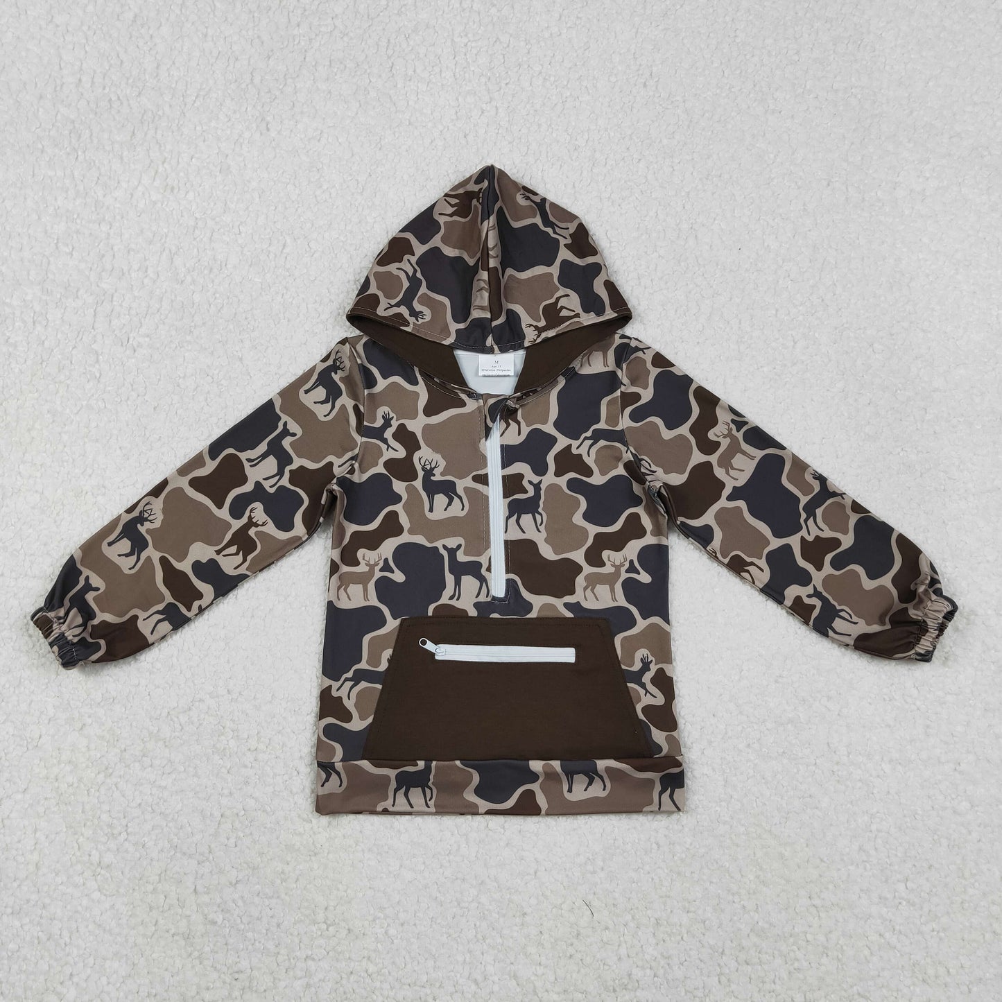 RTS NO MOQ(In Stock) BT1348 Reindeer Camouflage Dark Brown Zipper Pocket Hooded Long-Sleeved Top